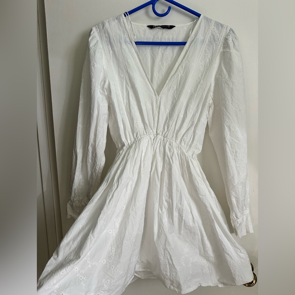 Zara Cotton White Long Sleeve Dress